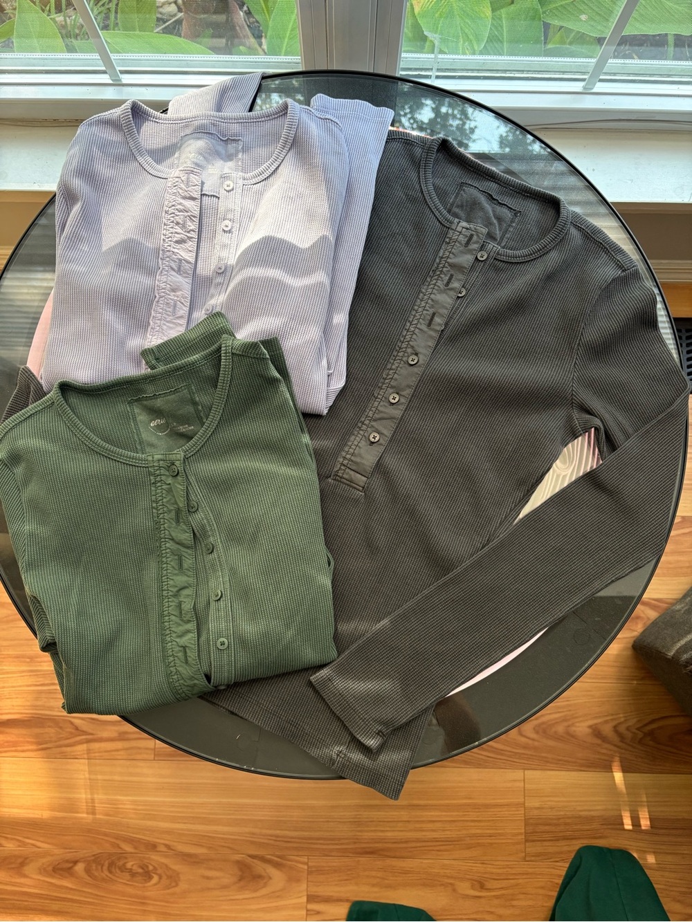 new aerie Ribbed Henley Long Sleeve Top bundle in Olive, Charcoal, Lilac